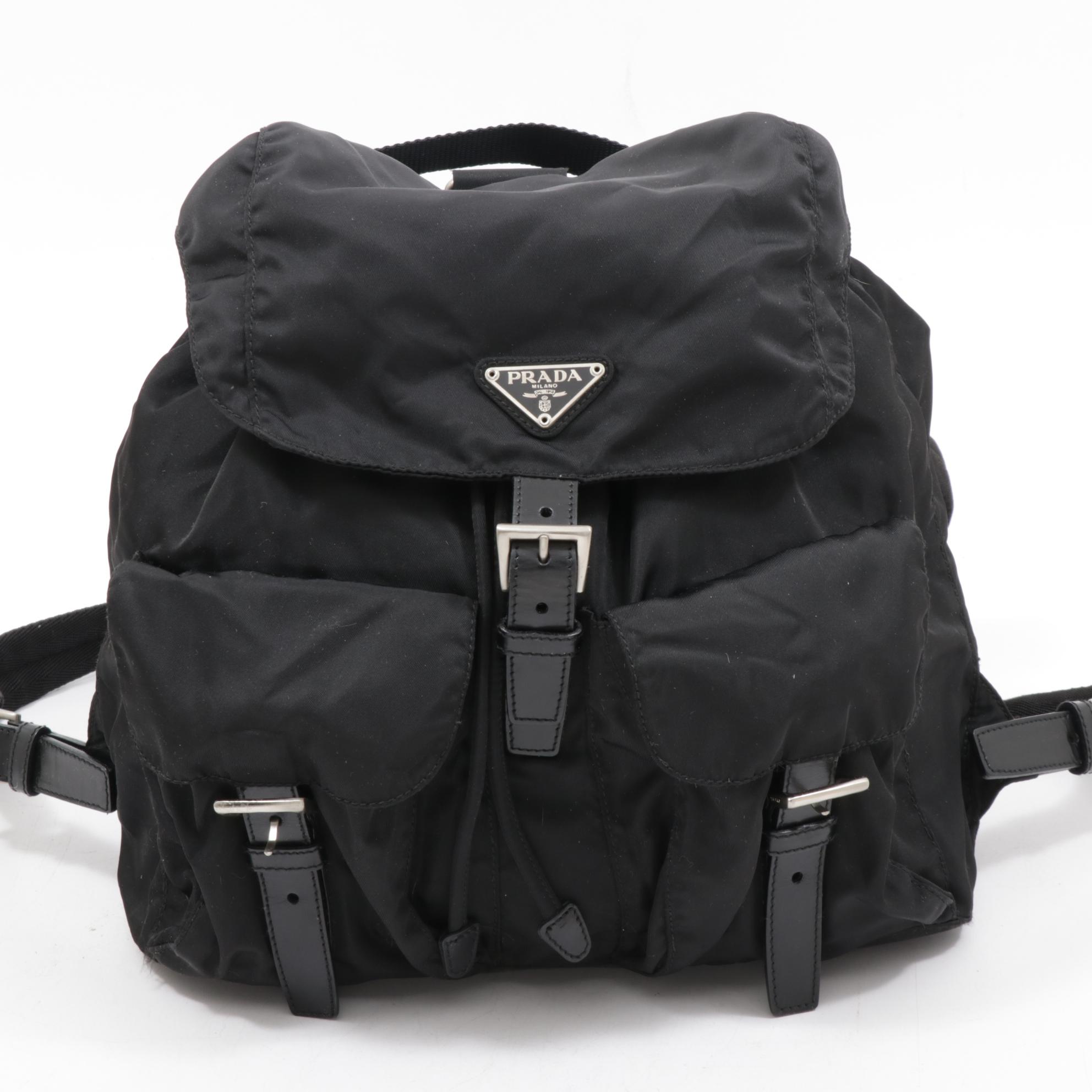 Prada Black Tessuto Nylon and Leather Backpack Purse