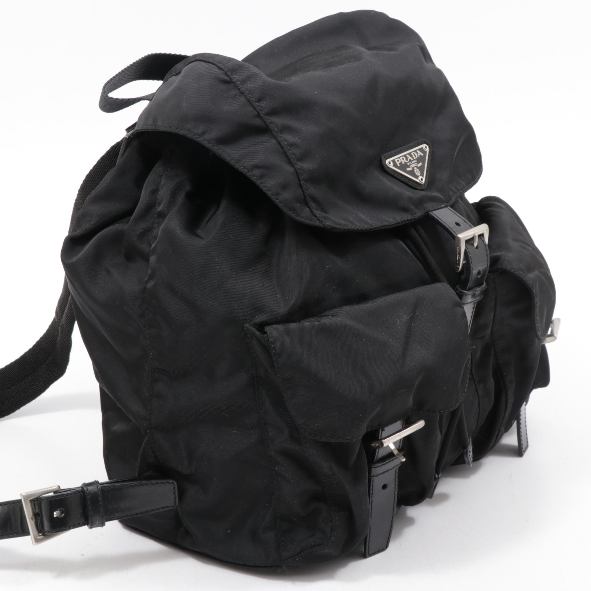 Prada Black Tessuto Nylon and Leather Backpack Purse