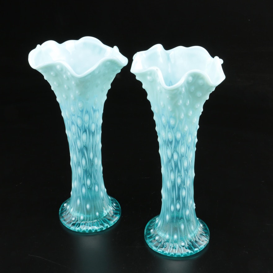 Pair of Northwood "Tree Trunk" Blue Opalescent Glass Vases, Early 20th Century