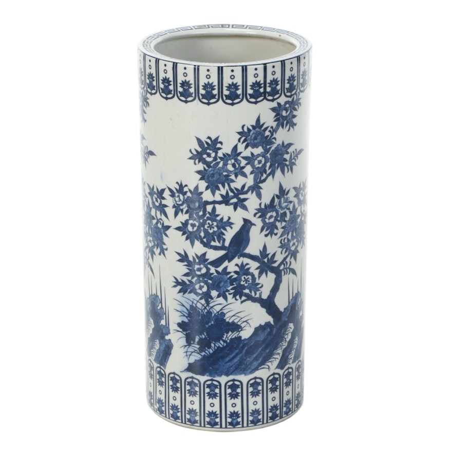 Japanese Blue and White Ceramic Umbrella Stand with Flowering Tree Motif