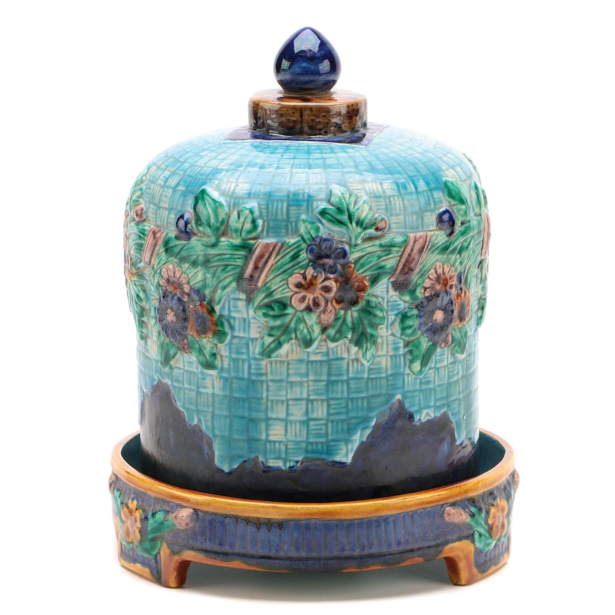 Majolica Turquoise and Cobalt Cheese Bell and Stand