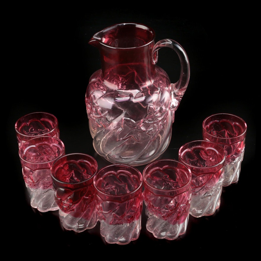 Northwood "Royal Ivy" Rubina Glass Pitcher and Juice Glasses