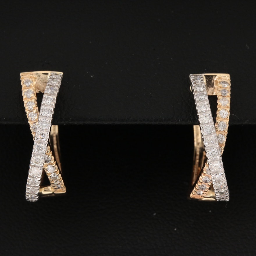 14K Yellow and White Gold Diamond Criss-Cross Hoop Earrings