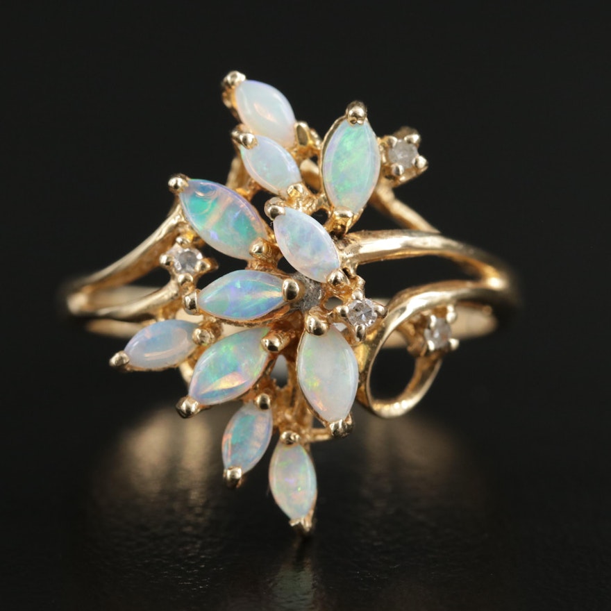 14K Yellow Gold Opal and Diamond Ring