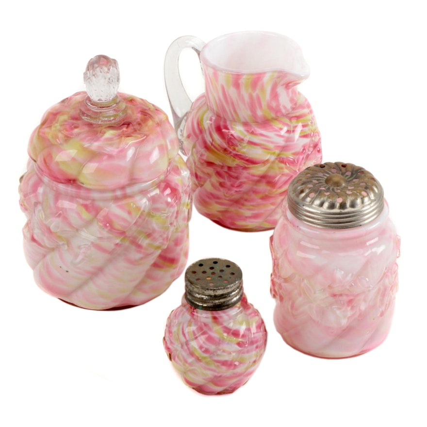 Northwood "Royal Ivy" Cased Glass Creamer, Sugar, and Shakers, Late 19th Century