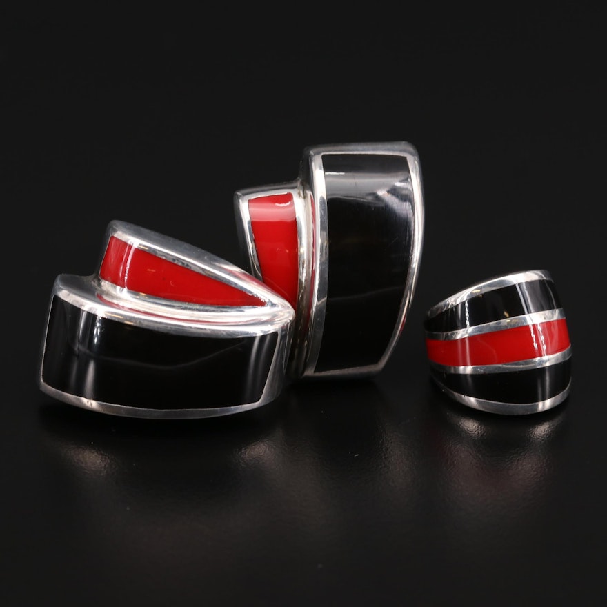 Sterling Silver Black and Red Inlay Earrings and Ring