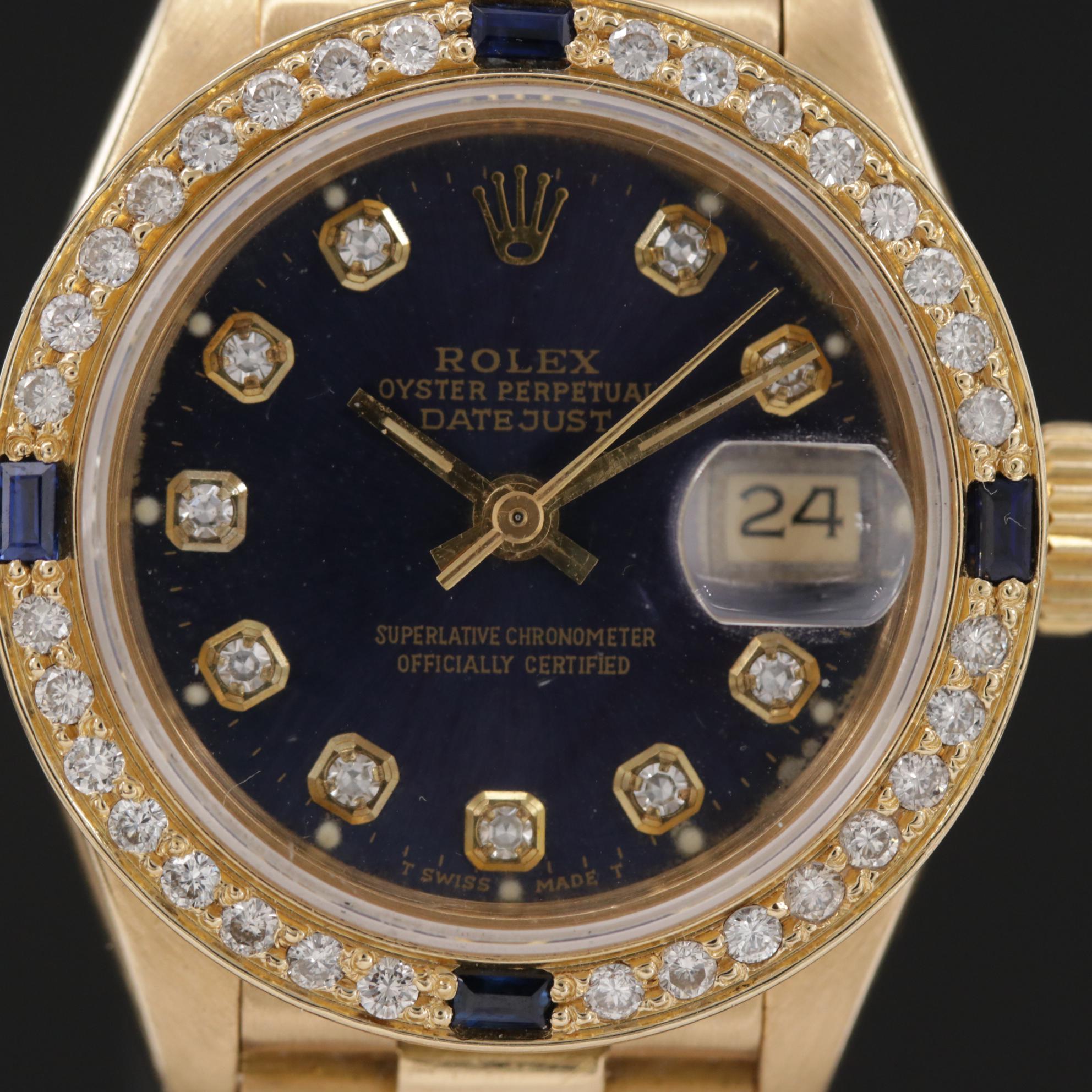 Rolex Datejust Presidential 18K Gold Diamond and Sapphire Watch, Circa 1986