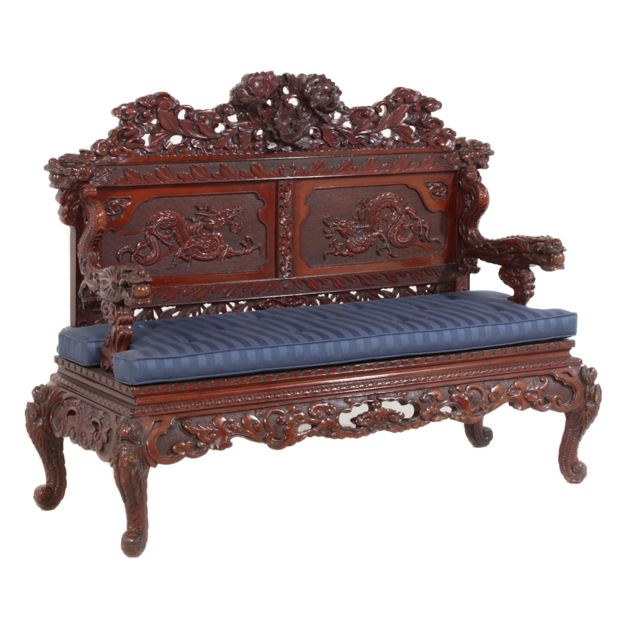 Chinese Carved Hardwood Bench, Early to Mid 20th Century