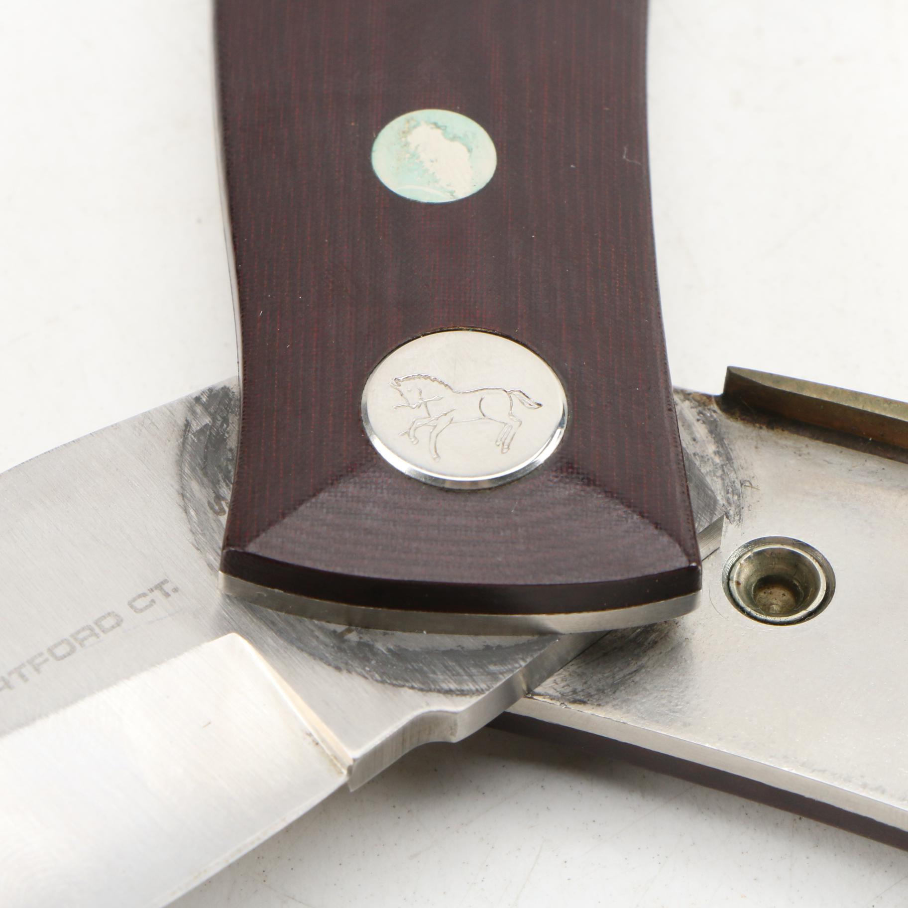 Colt Barry Wood Hartford CT. Horse Logo Hunting Knife with Leather Sheath