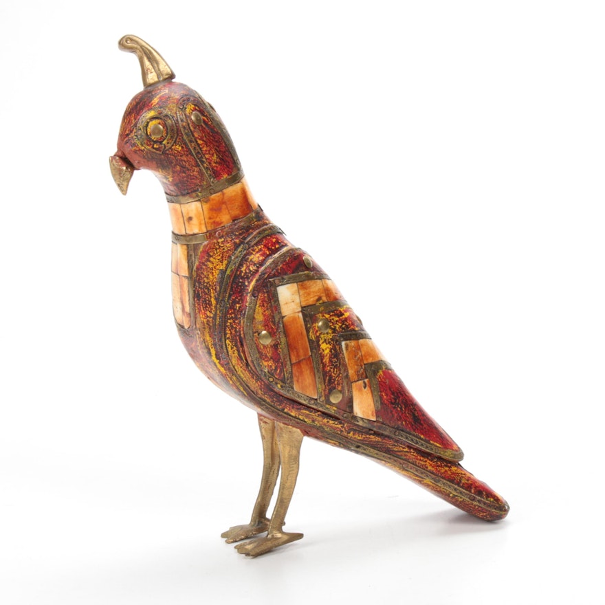 Indian Wood Quail Figure with Brass Embellishments and Bone Inlay