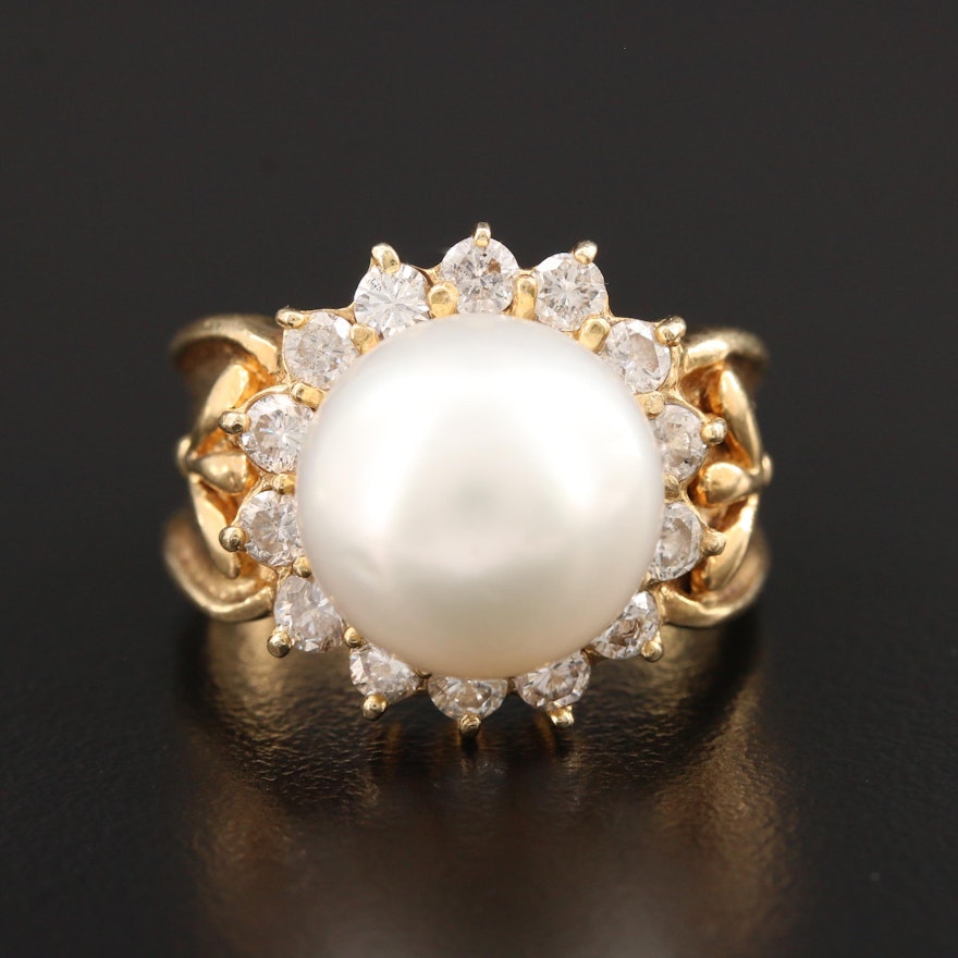 18K Yellow Gold Cultured Pearl and 1.12 CTW Diamond Ring