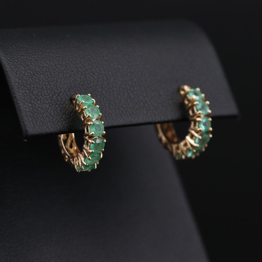 14K Yellow Gold Emerald Hoop Earrings