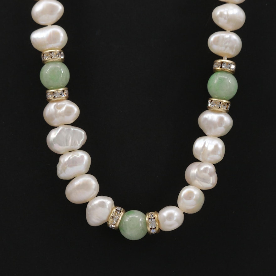 Cultured Pearl, Jadeite and Rhinestone Bead Necklace with Gold Filled Accents