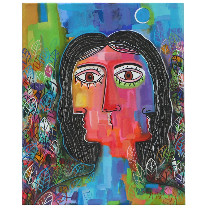 Michel Blázquez Abstract Acrylic Painting "Woman in the Garden Night"