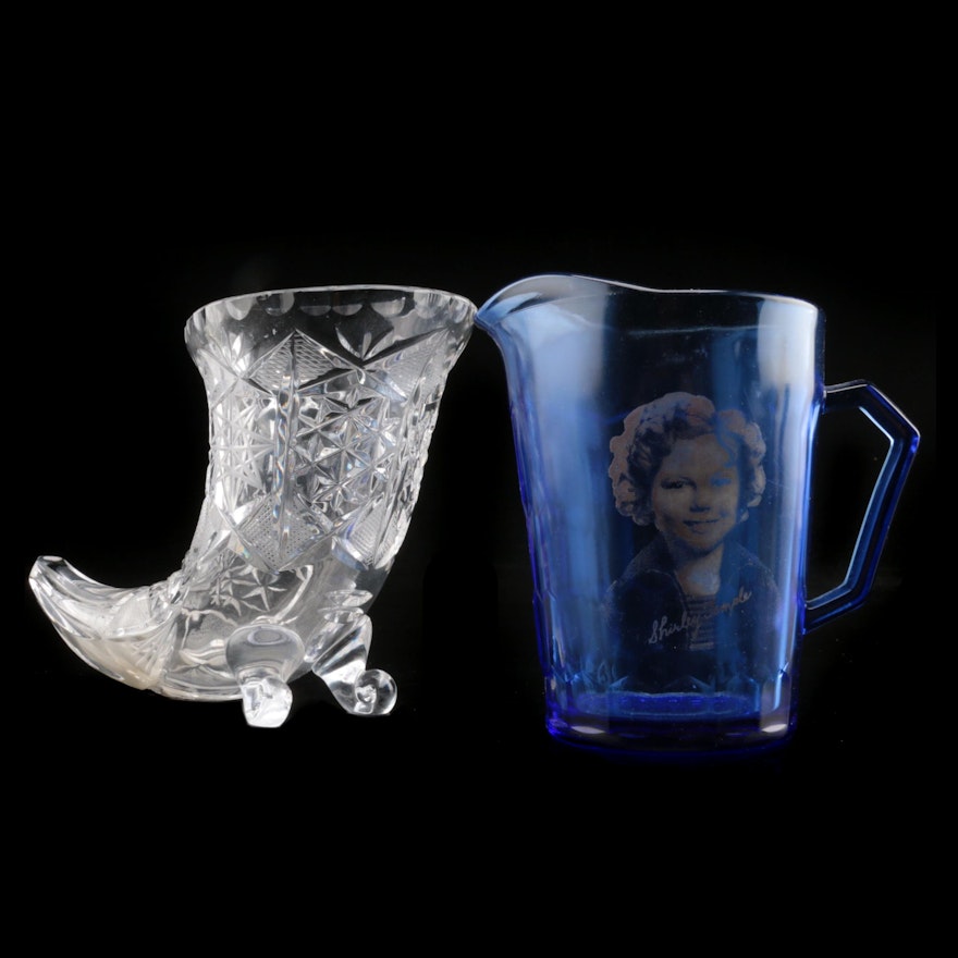 Cobalt Blue Small "Shirley Temple" Pitcher with Footed Cut Glass Vase