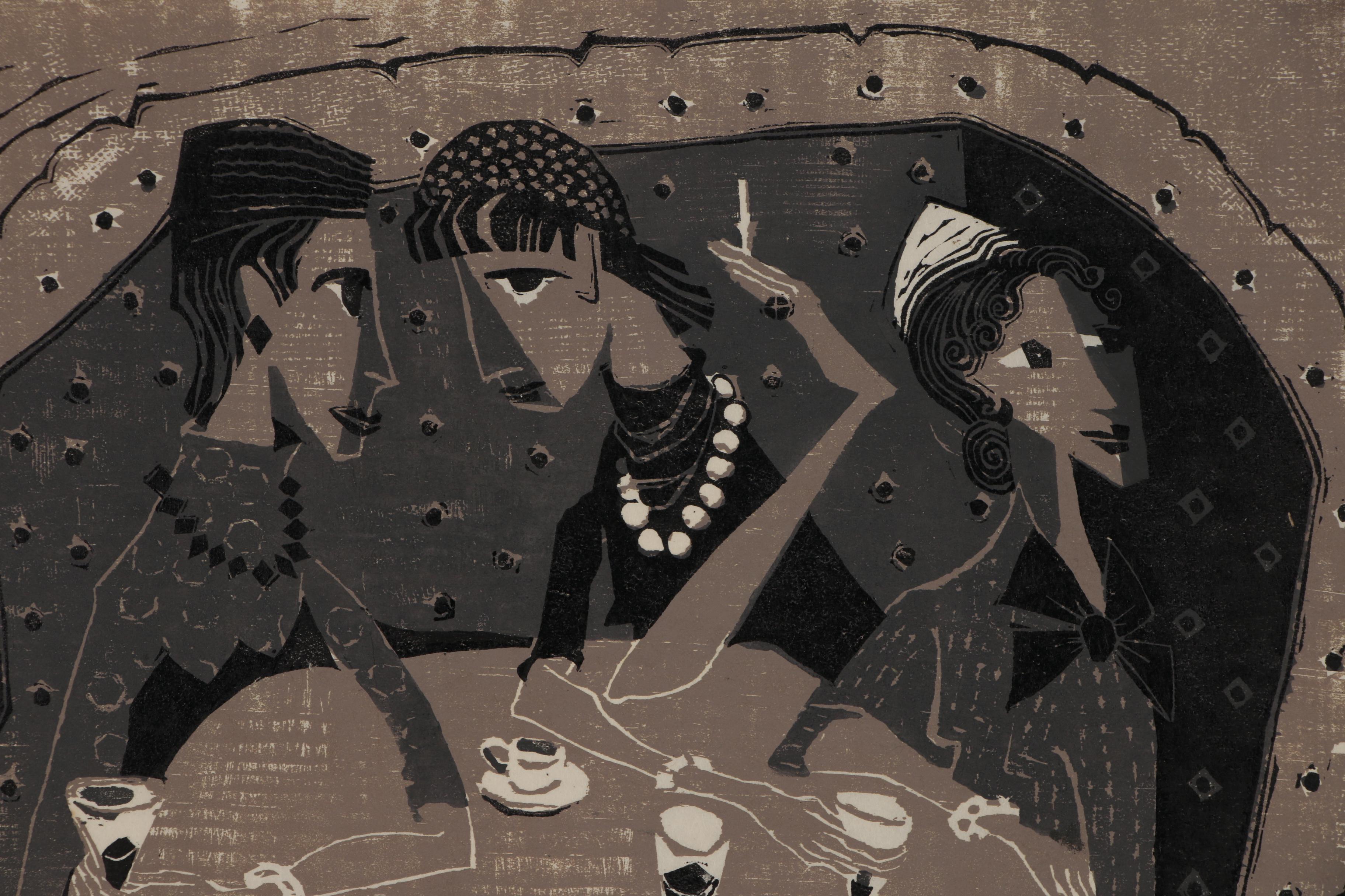 Evelyn Marx Woodcut "Meet Me for Lunch", 1957