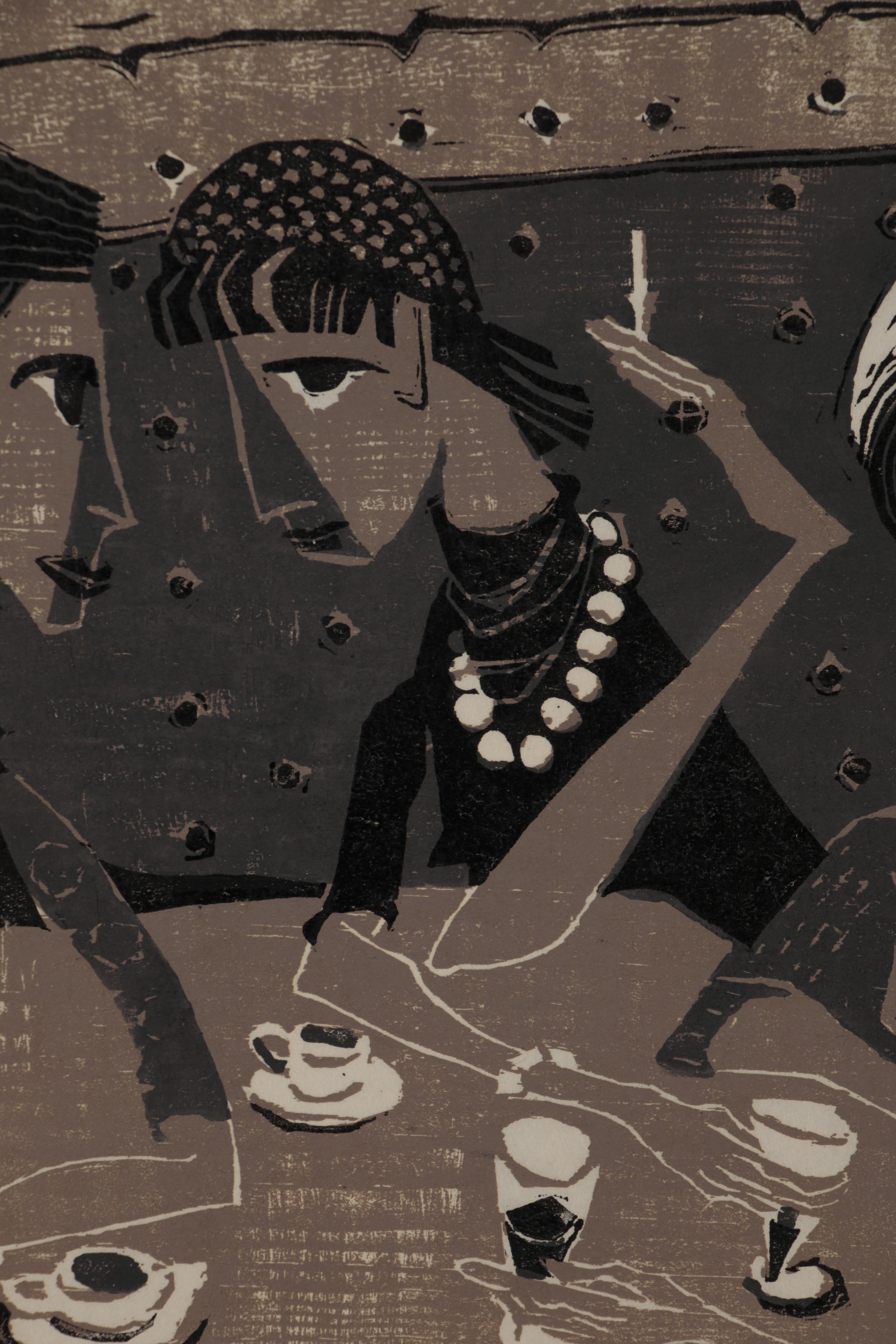 Evelyn Marx Woodcut "Meet Me for Lunch", 1957