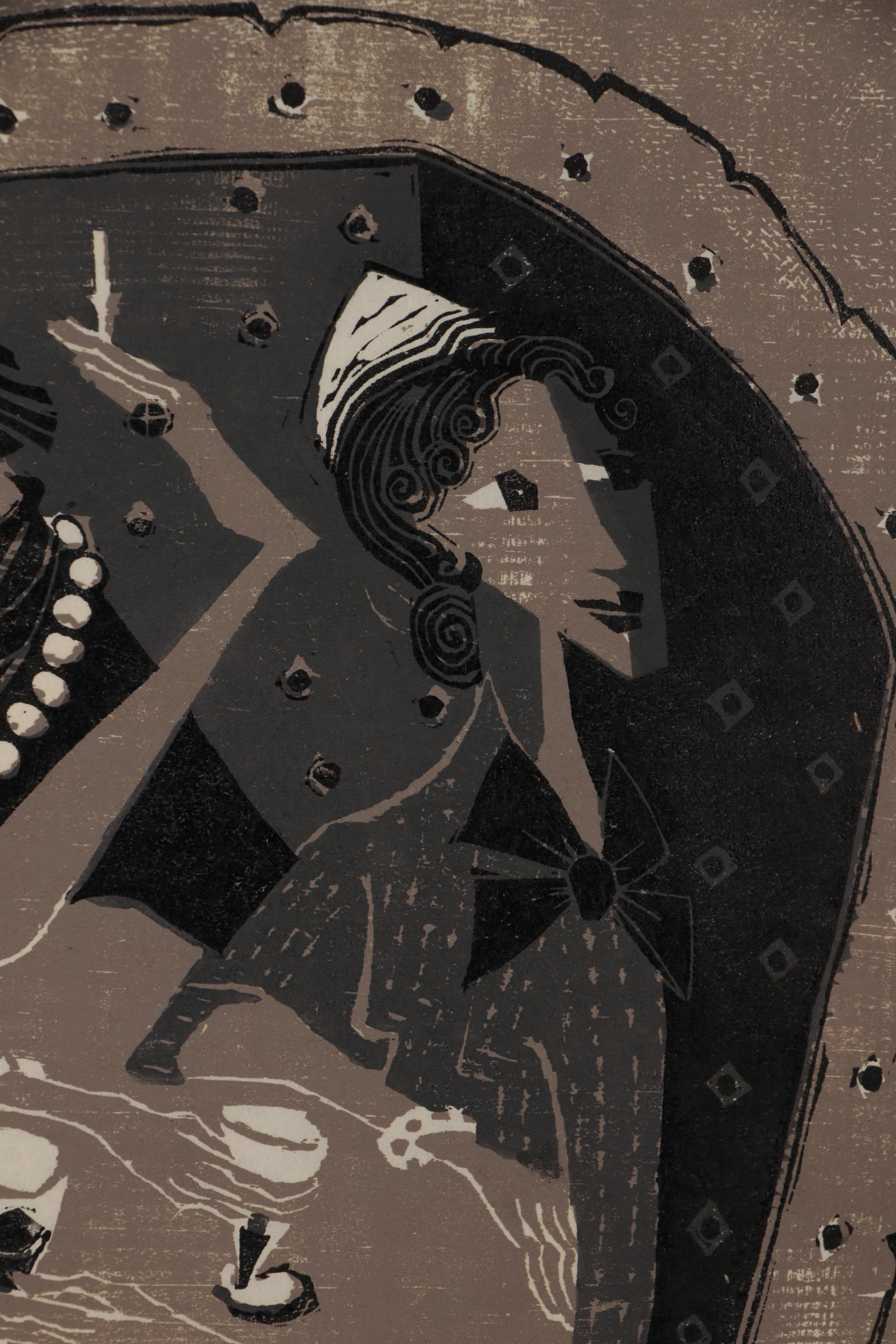 Evelyn Marx Woodcut "Meet Me for Lunch", 1957