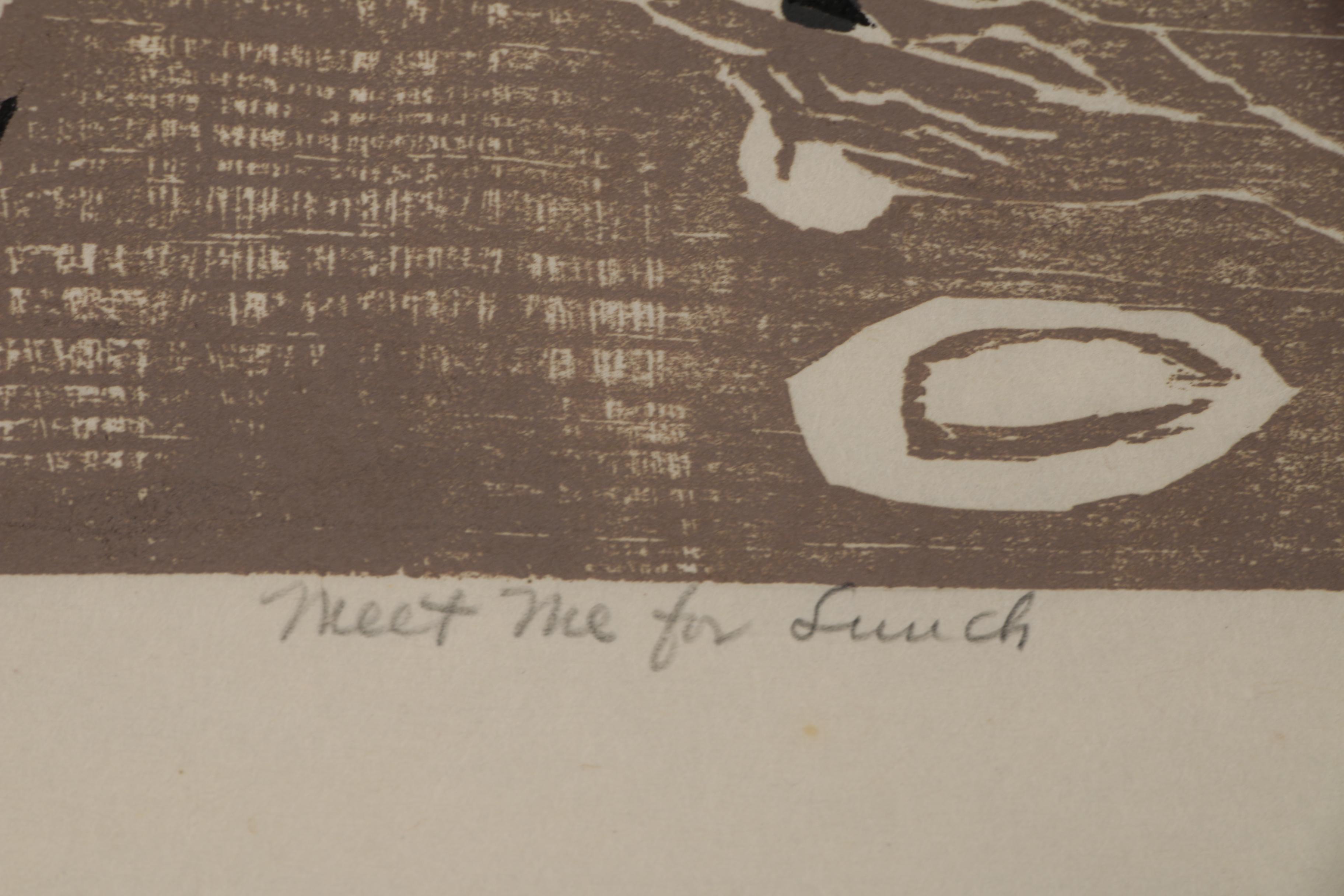 Evelyn Marx Woodcut "Meet Me for Lunch", 1957