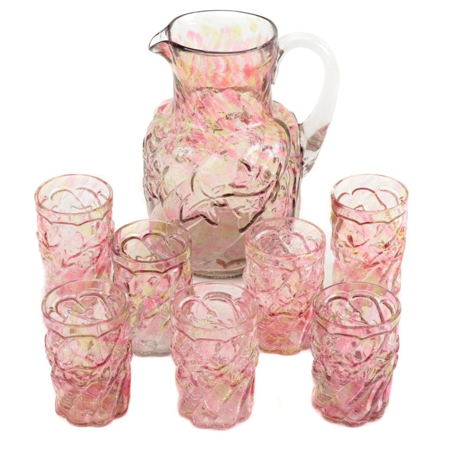 Northwood "Royal Ivy" Crackle Glass Pitcher and Tumblers