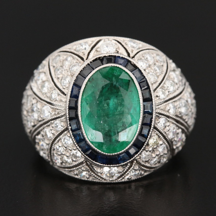 Art Deco Platinum 2.32 CT Emerald, Sapphire, and 2.97 CTW Diamond Ring