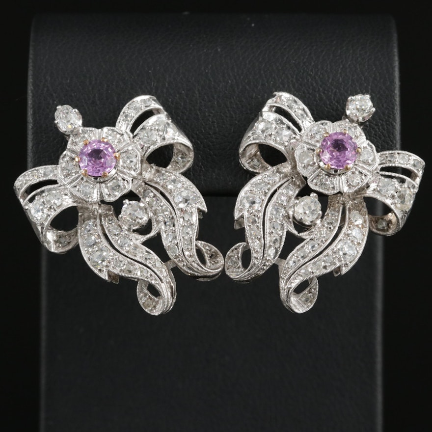 Edwardian Platinum Pink Sapphire and 1.95 CTW Diamond Earrings