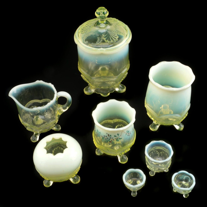 National Glass Co. "Manila" Vaseline Glass Table Accessories, Early 20th Century