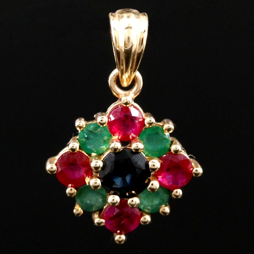14K Yellow Gold Sapphire, Ruby and Emerald Pendant