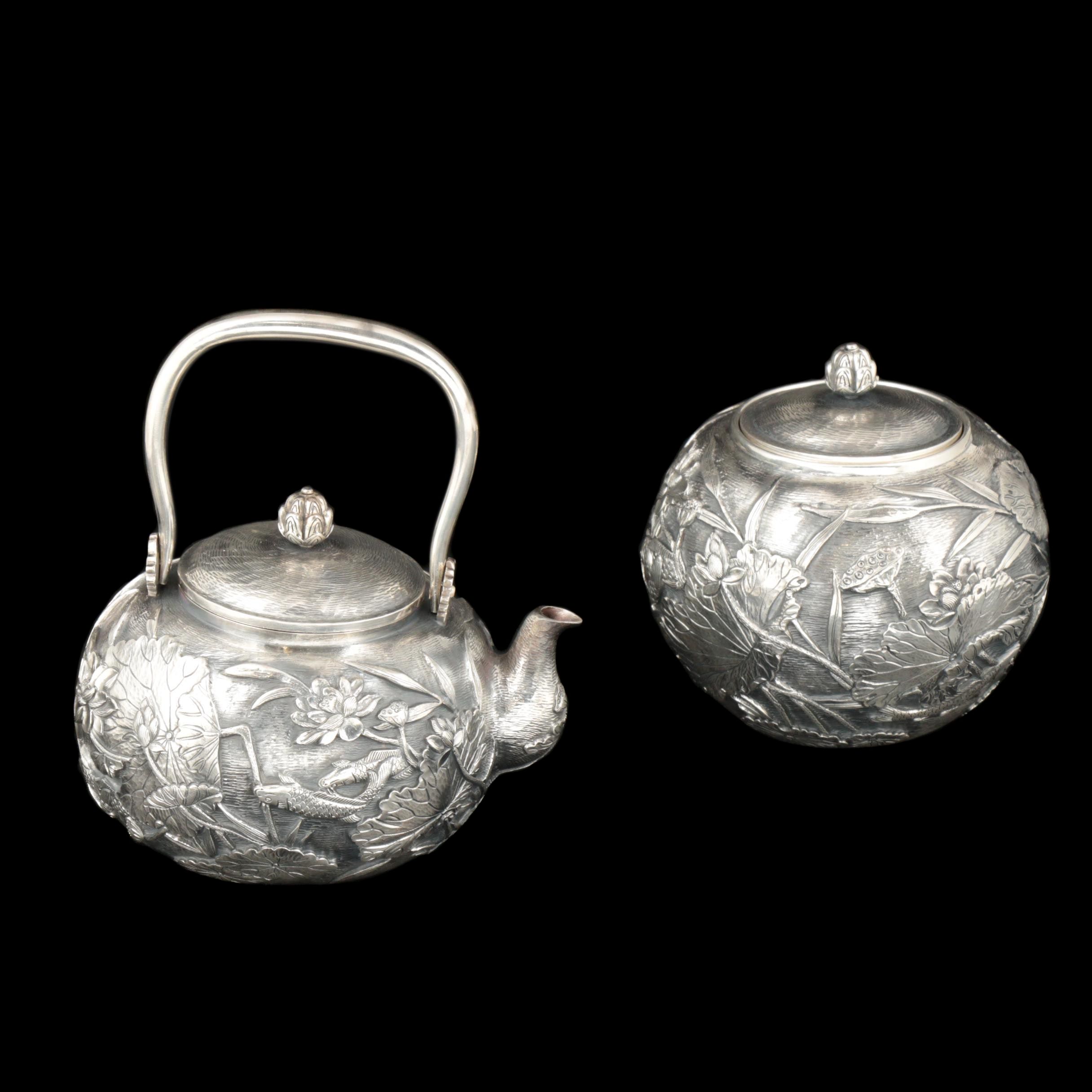 Konoike Japanese Sterling Silver Teapot and Tea Caddy, Meiji Period
