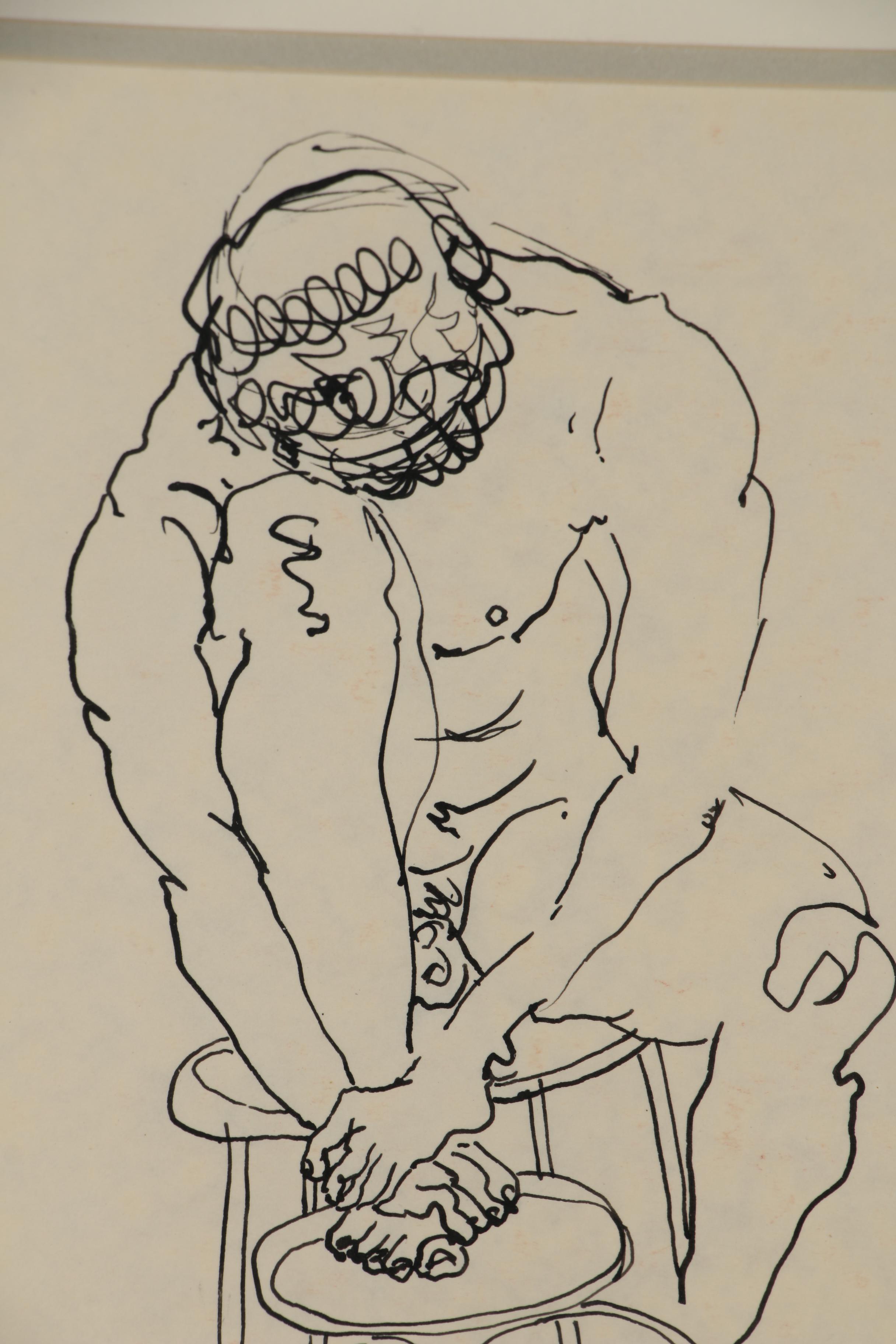 Ruth Pearlman Ink Figure Drawing of Seated Male Nude