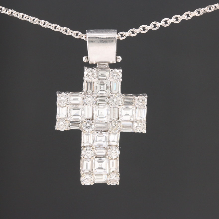 14K White Gold 3.02 CTW Diamond Cross Pendant Necklace