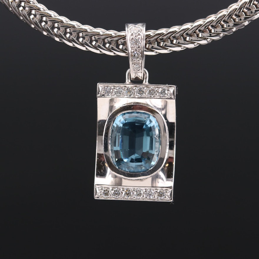 18K White Gold Aquamarine and Diamond Pendant Necklace