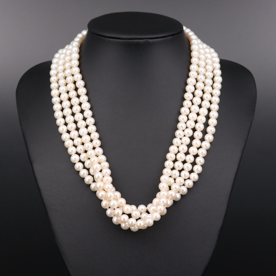 Hand Knotted Cultured Pearl Multi-Strand with Sterling Silver Clasp