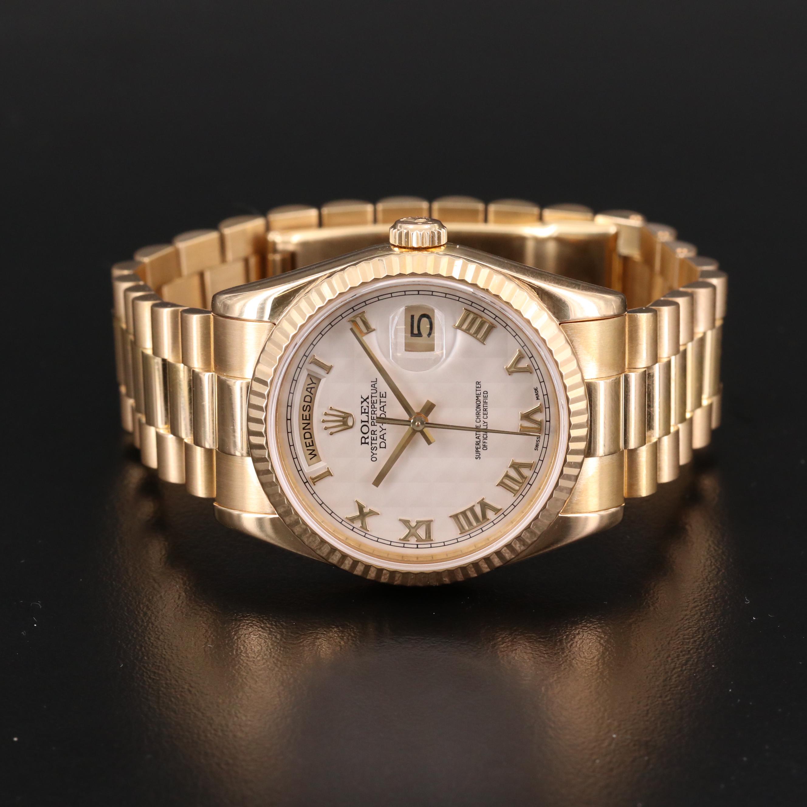 Rolex Day - Date 18K Gold Watch with Ivory Pyramid Dial, 2004