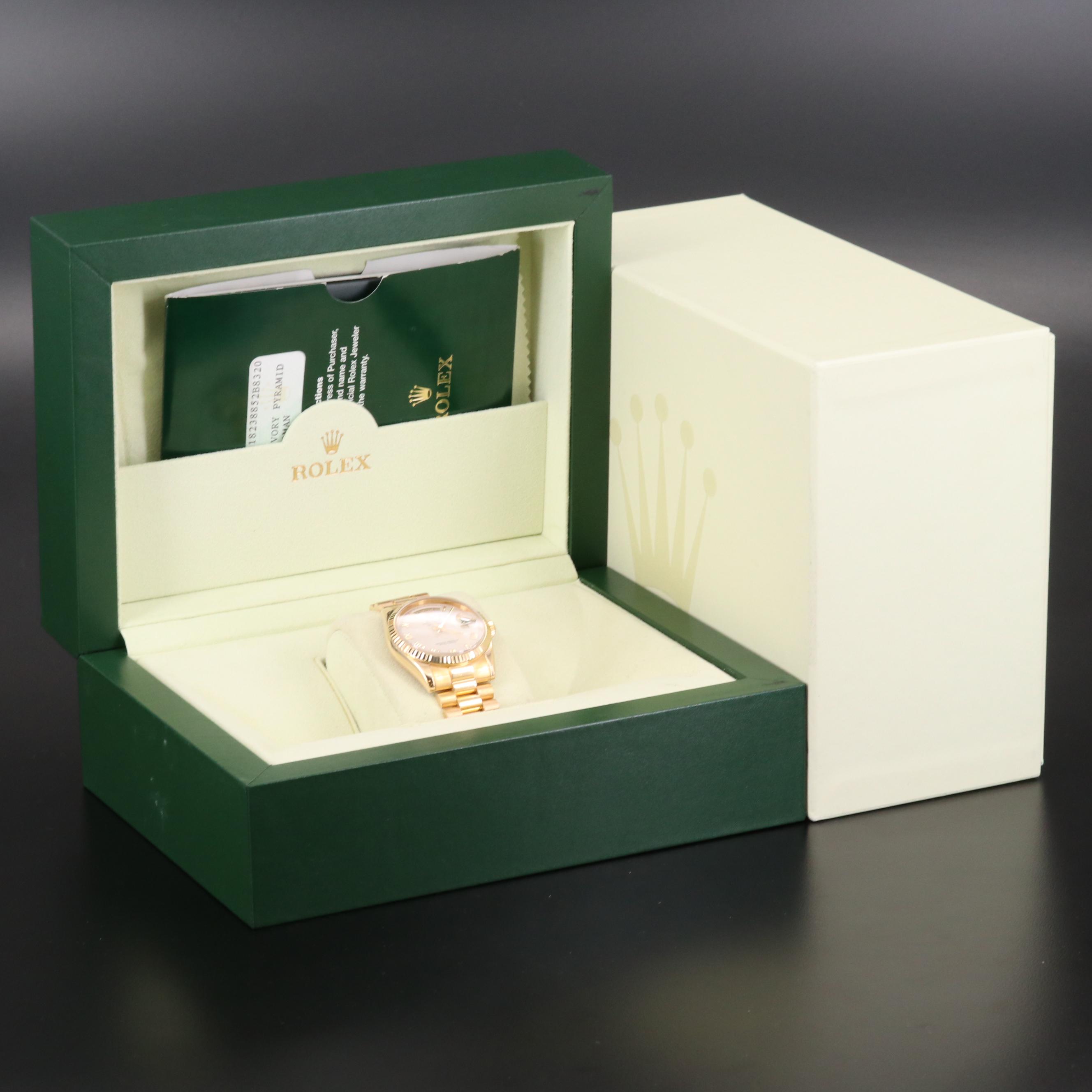 Rolex Day - Date 18K Gold Watch with Ivory Pyramid Dial, 2004