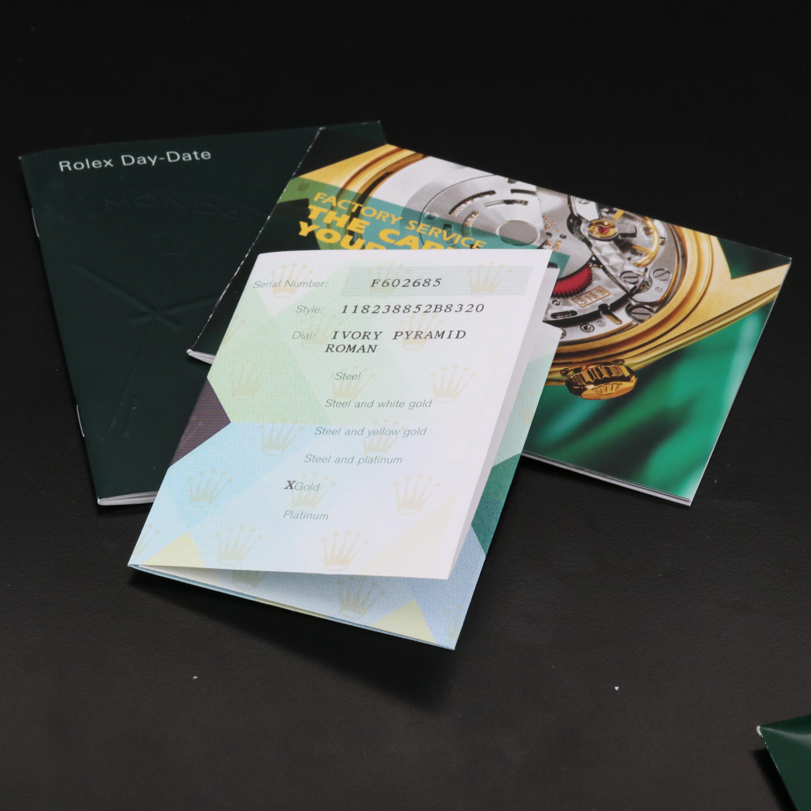 Rolex Day - Date 18K Gold Watch with Ivory Pyramid Dial, 2004