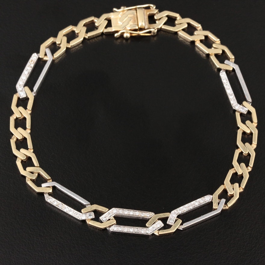 14K Yellow and White Gold Diamond Figaro Chain Bracelet