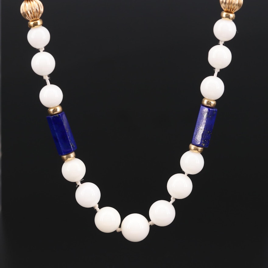 14K Yellow Gold Lapis Lazuli and White Agate Beaded Necklace