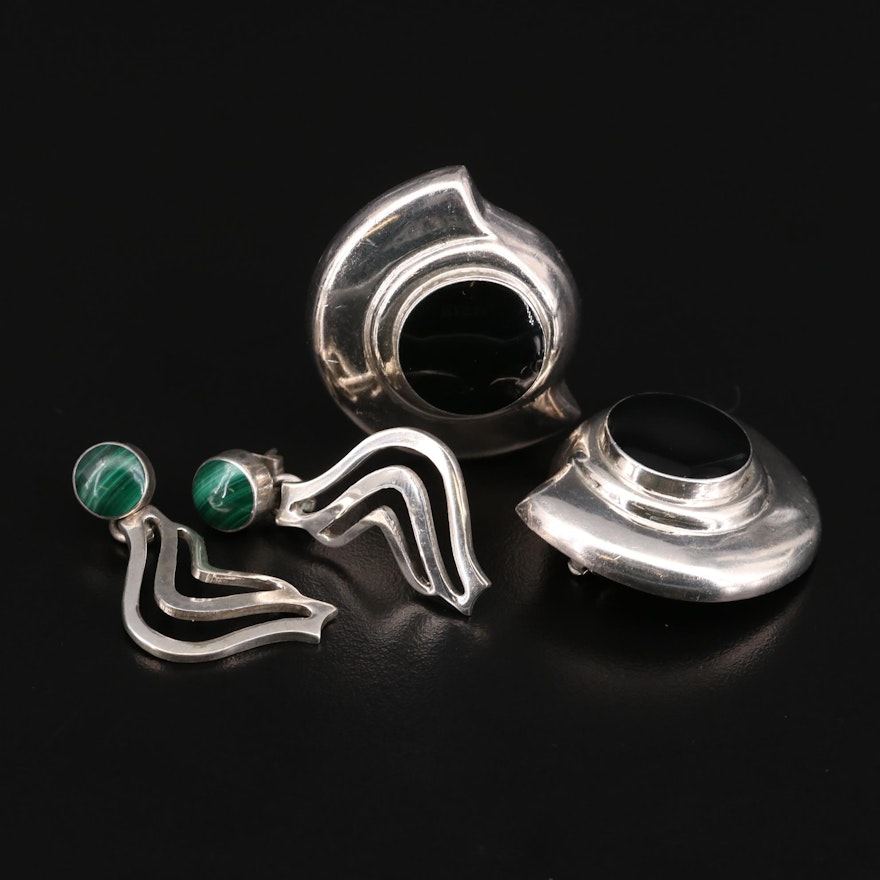 Mexican Sterling Silver Malachite and Imitation Black Onyx Earrings