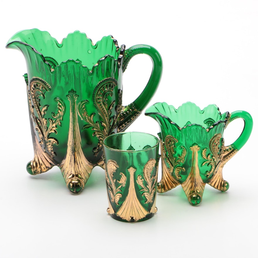Northwood "Inverted Fan and Feather" Green Glass Pitcher, Creamer, and Tumbler