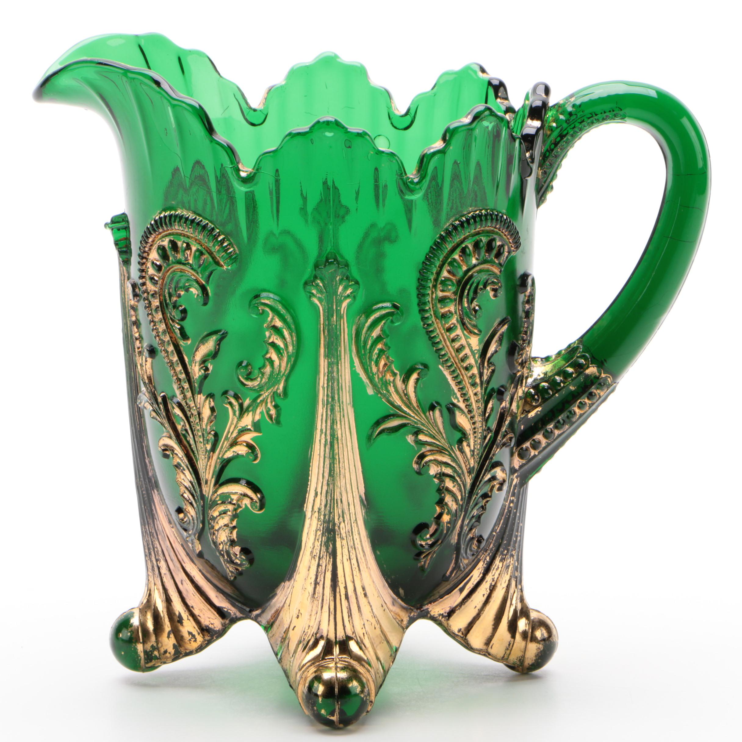 Northwood "Inverted Fan and Feather" Green Glass Pitcher, Creamer, and Tumbler