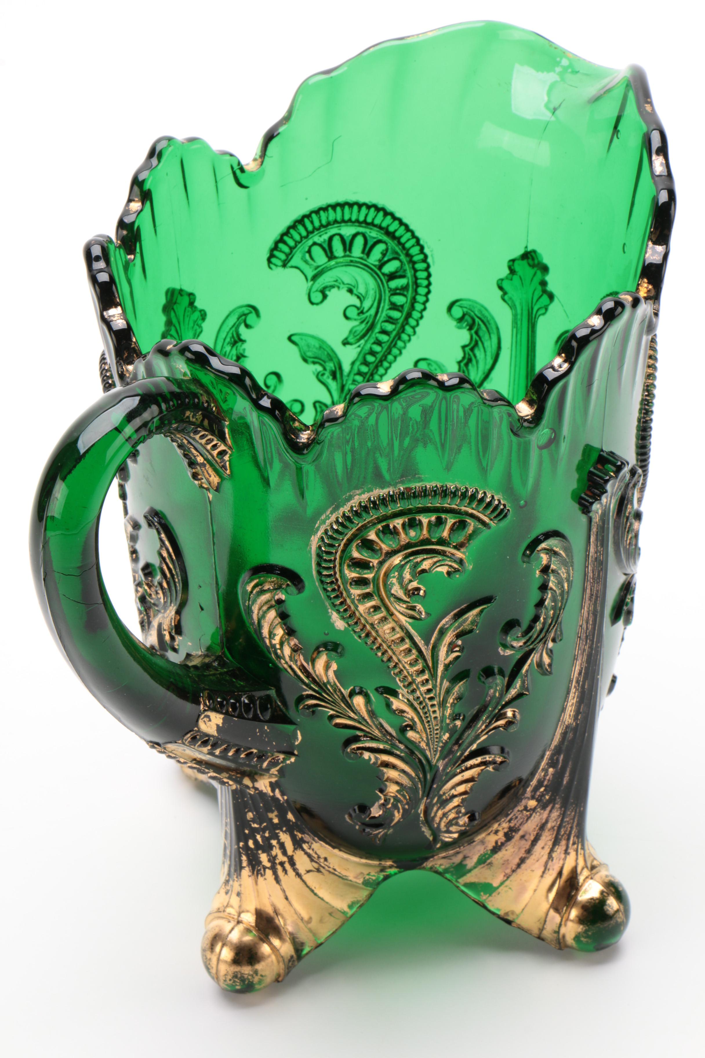 Northwood "Inverted Fan and Feather" Green Glass Pitcher, Creamer, and Tumbler