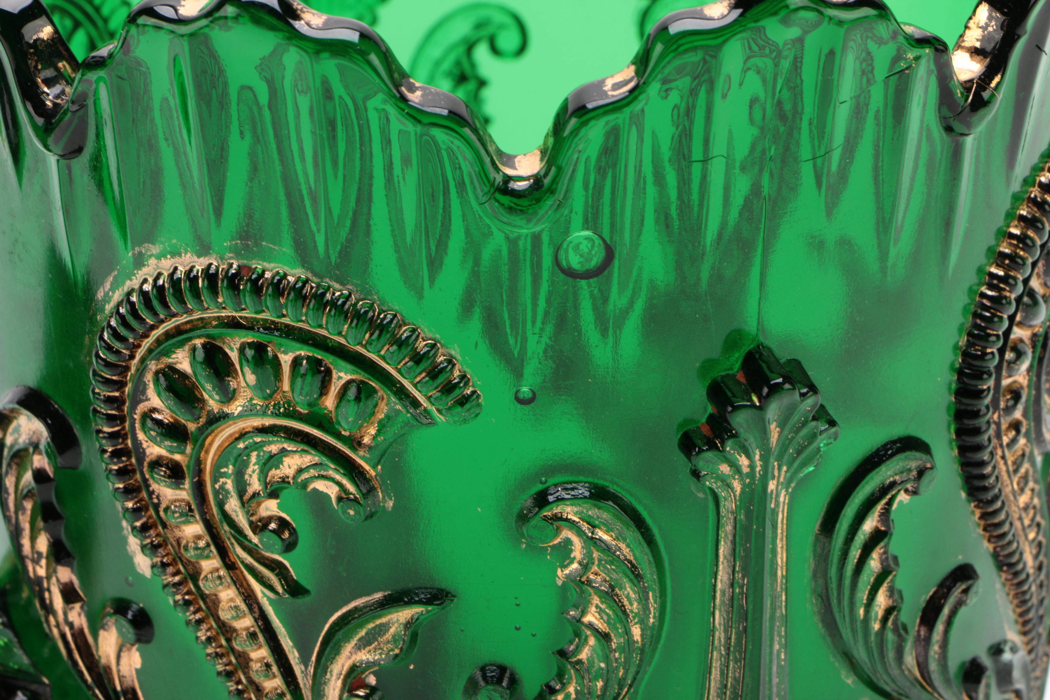 Northwood "Inverted Fan and Feather" Green Glass Pitcher, Creamer, and Tumbler