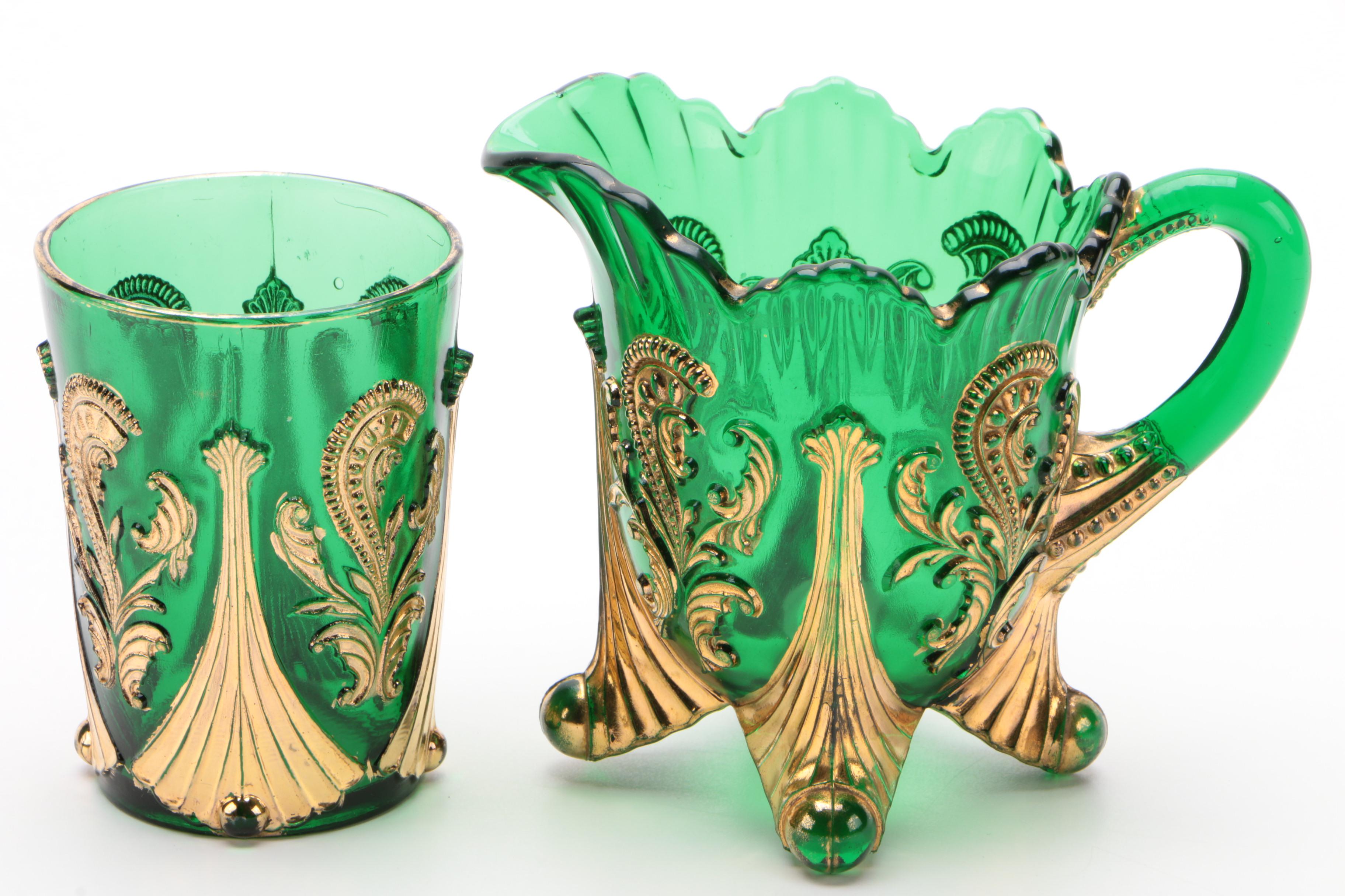 Northwood "Inverted Fan and Feather" Green Glass Pitcher, Creamer, and Tumbler