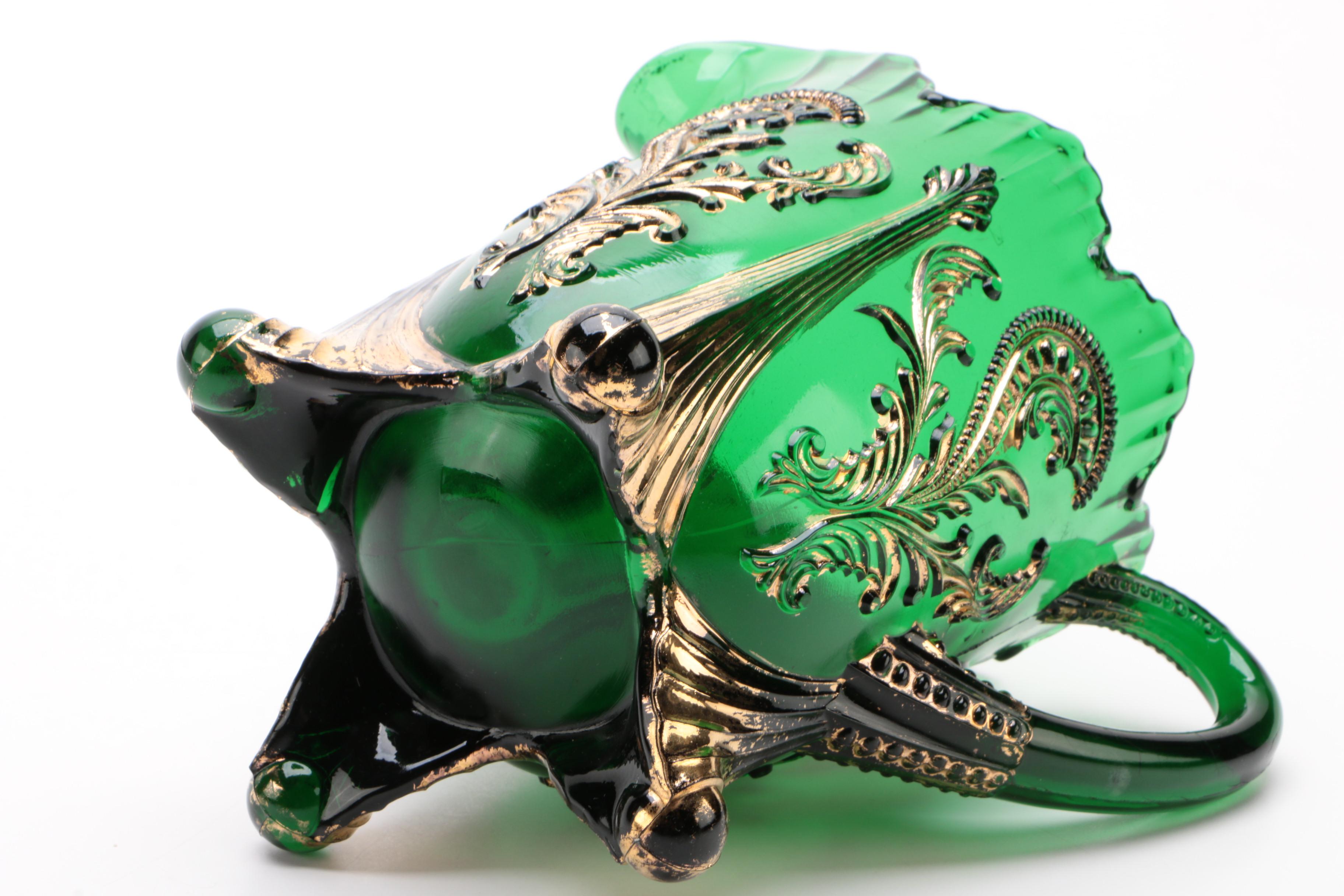 Northwood "Inverted Fan and Feather" Green Glass Pitcher, Creamer, and Tumbler