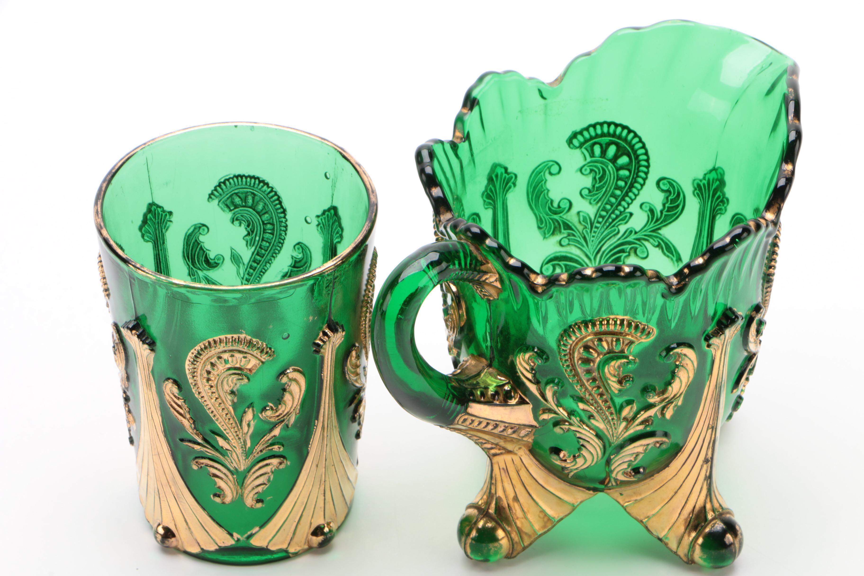 Northwood "Inverted Fan and Feather" Green Glass Pitcher, Creamer, and Tumbler