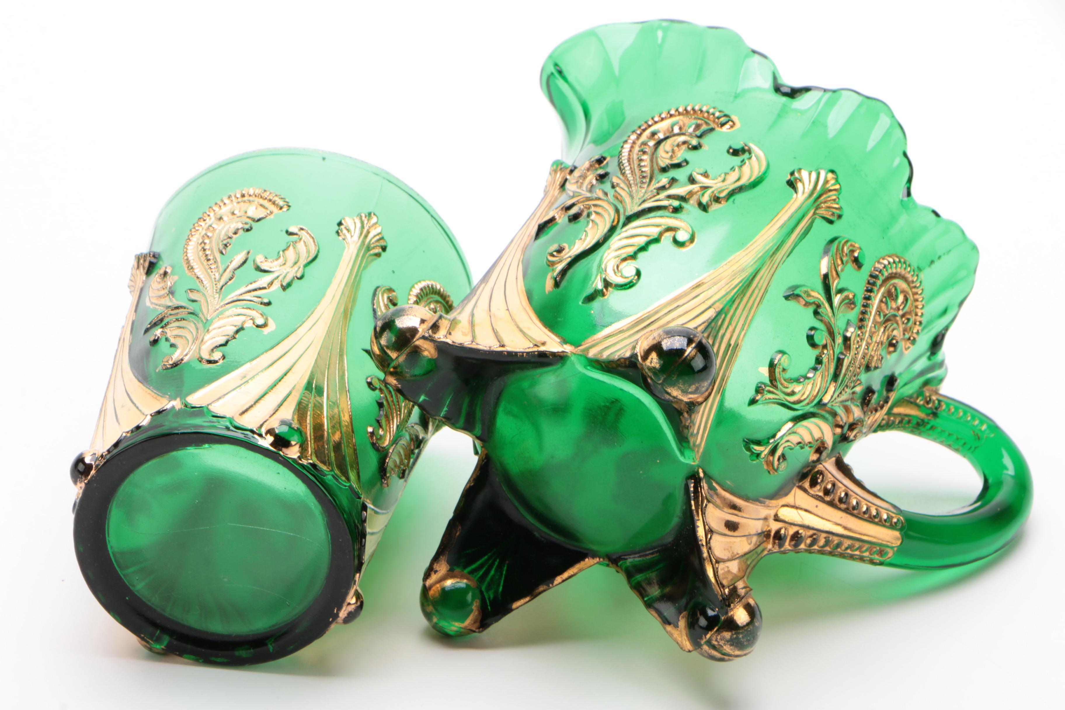 Northwood "Inverted Fan and Feather" Green Glass Pitcher, Creamer, and Tumbler