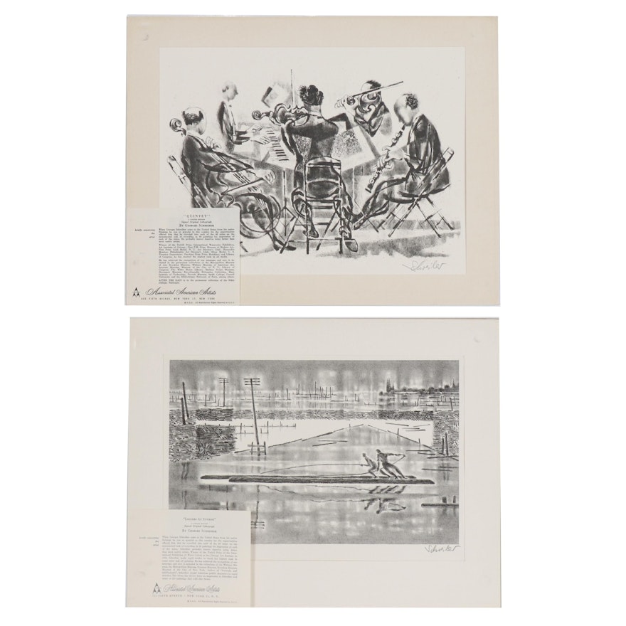 Georges Schreiber Lithographs "Loggers at Sunrise" and "Quintet"