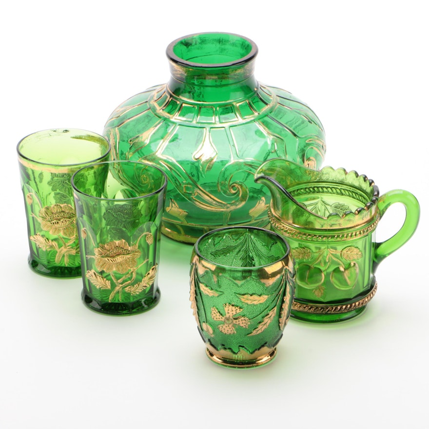 Northwood "Oriental Poppy" Green Glass Tumblers with Other Pattern Glass