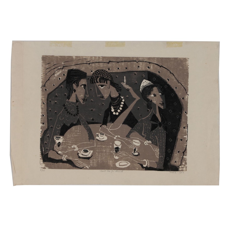 Evelyn Marx Woodcut "Meet Me for Lunch", 1957